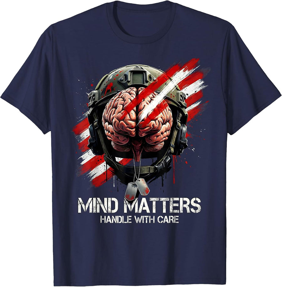Mind Matters Handle With Care Mental Health Design T-Shirt - Navy Blue