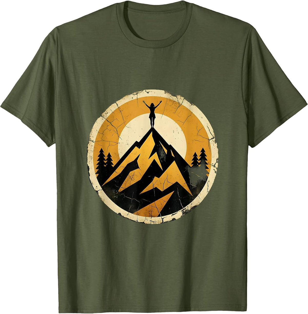 Summit Silhouette Rocky Peak Mountain Climbing T-Shirt - Olive Green