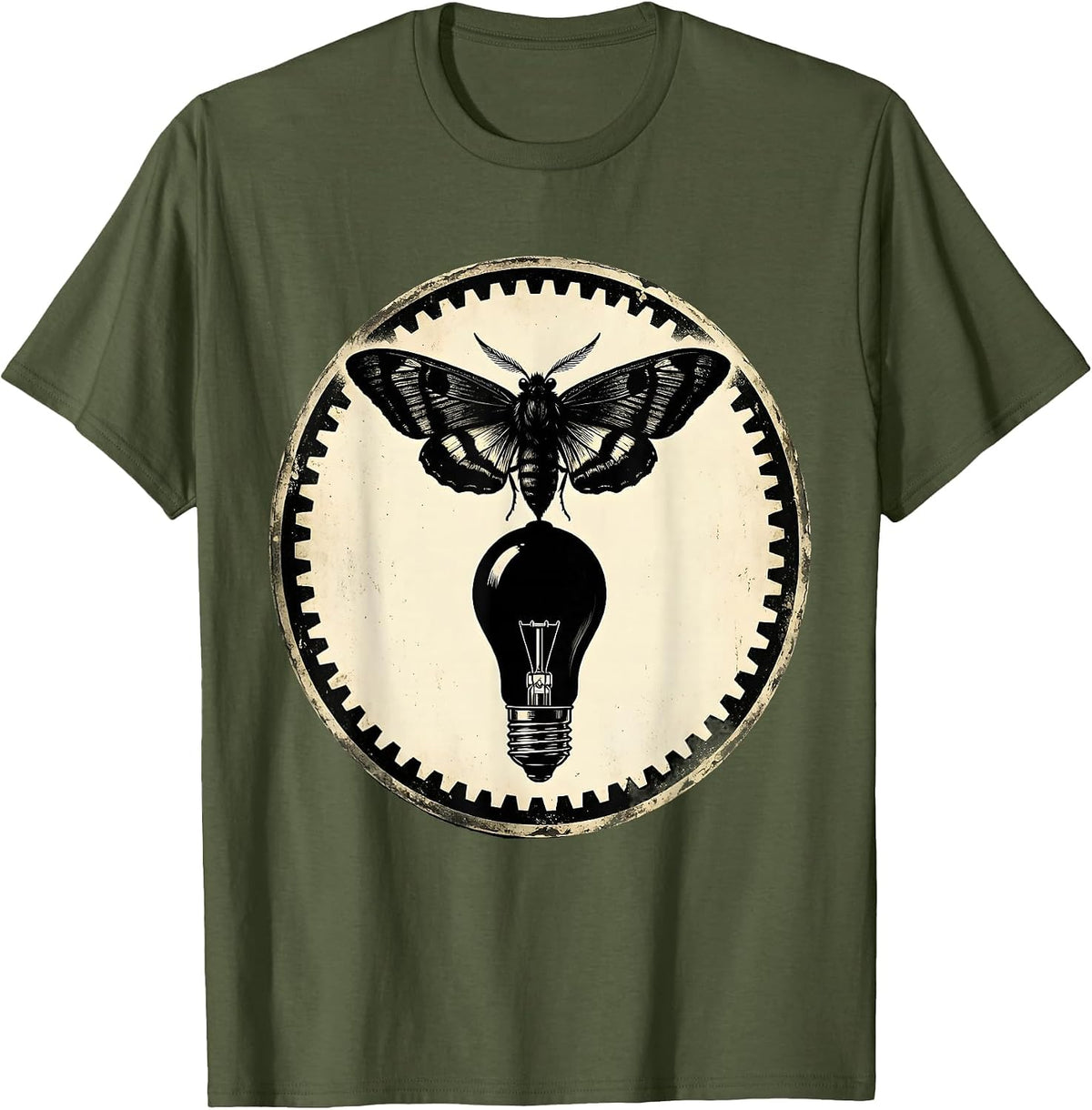 Vintage Rock Moth and Vacuum Tube Illustration T-Shirt - Olive Green