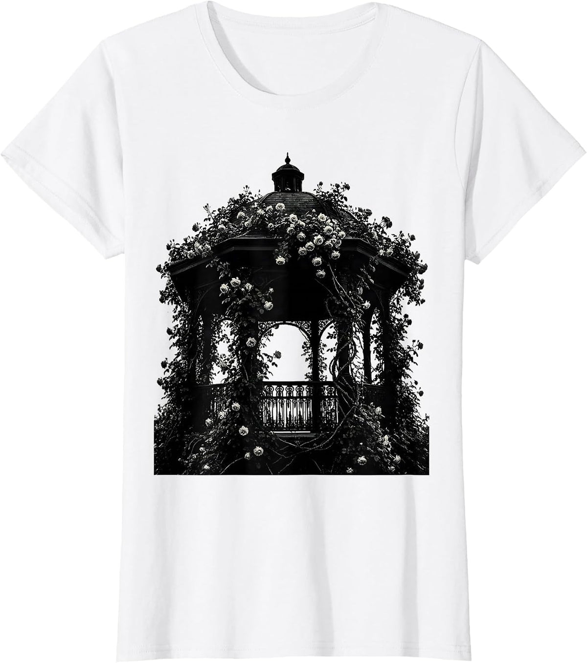 Park Gazebo Climbing Roses Botanical Illustration T-Shirt - White