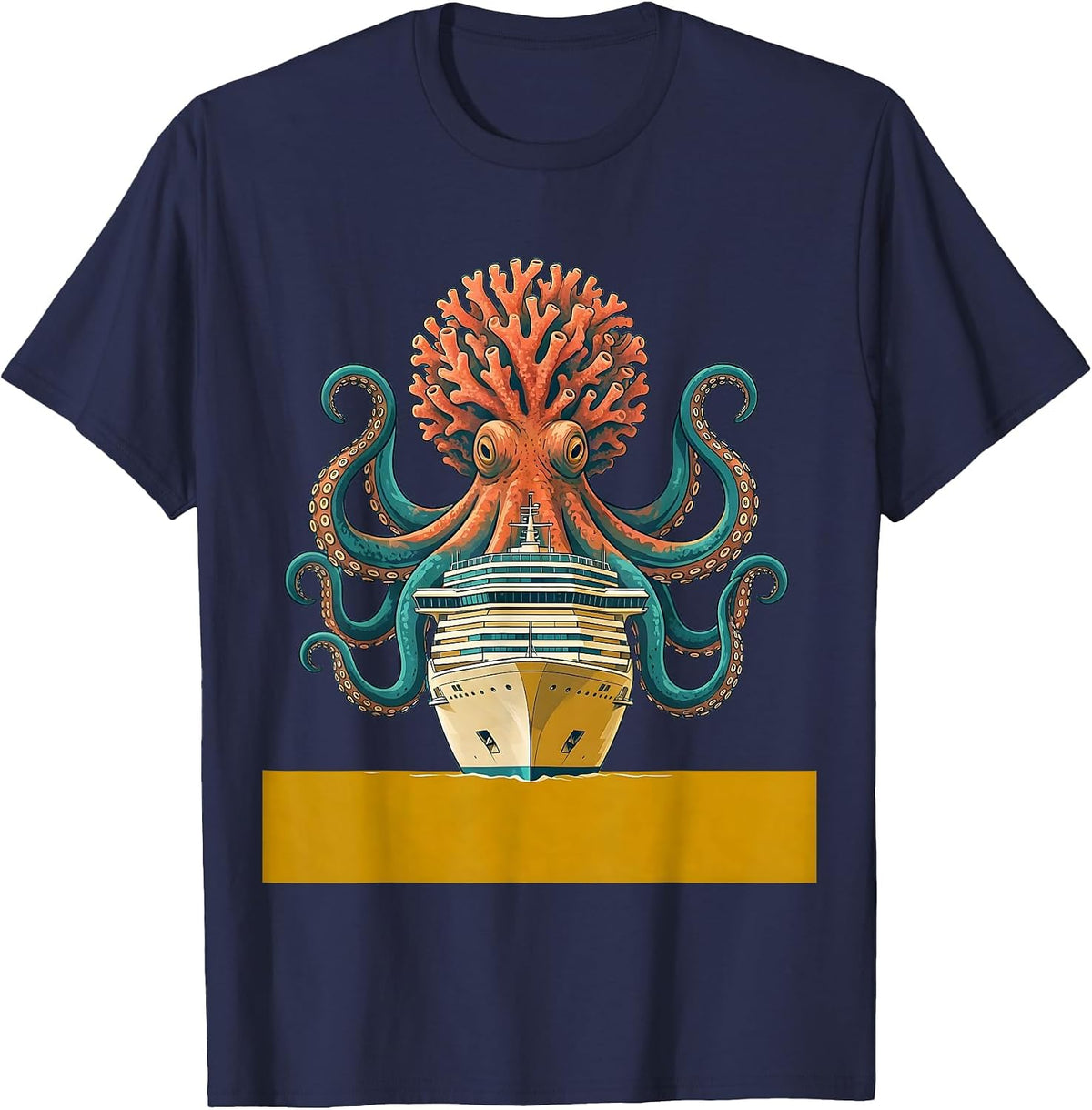 Men's Giant Octopus Attacking Cruise Ship Illustration T-Shirt - Navy Blue