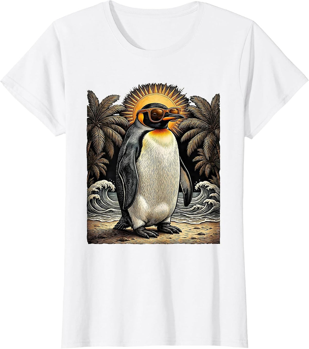 Cool Penguin Tropical Beach Sunglasses Design T-Shirt - White