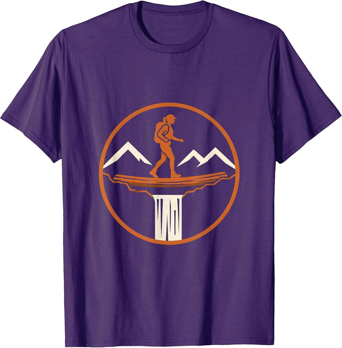 Hiker Crossing Log Bridge Over Waterfall T-Shirt - Purple