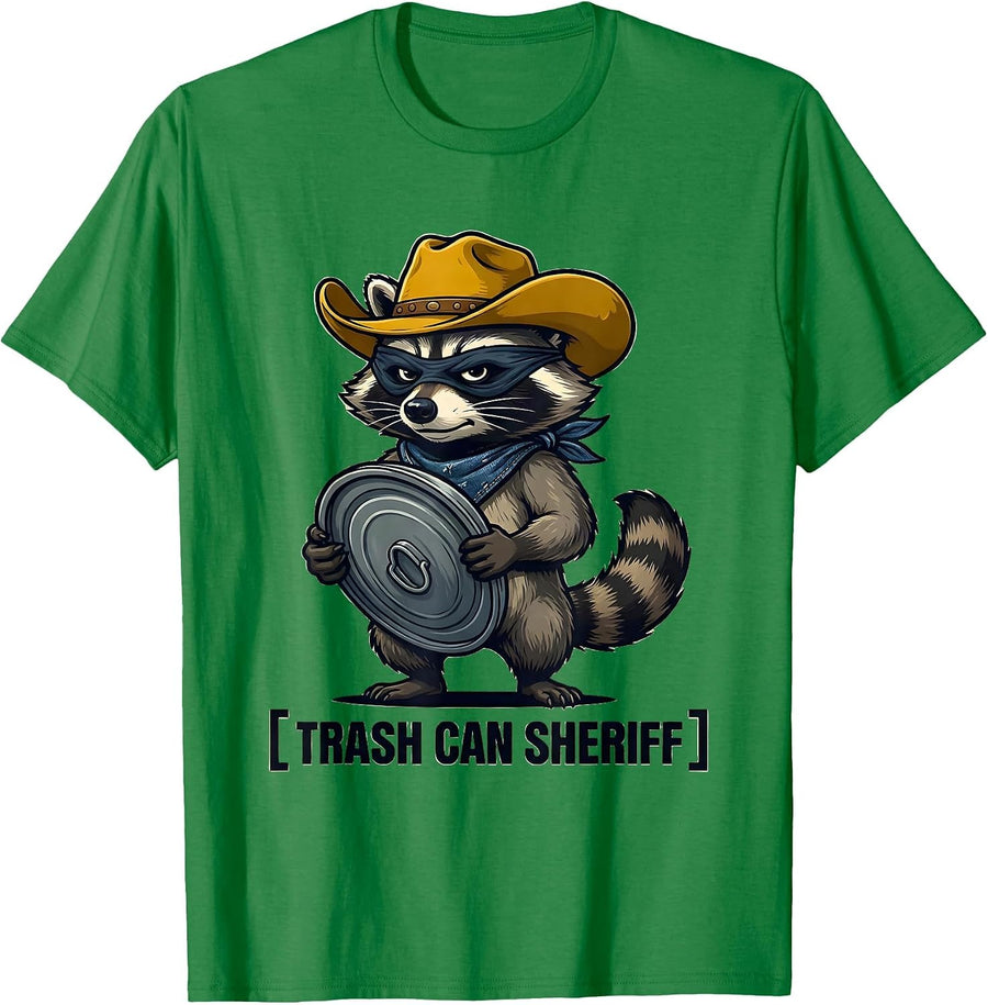 Men's Trash Can Sheriff Cartoon Raccoon Cowboy Novelty Humor T-Shirt - Kelly Green