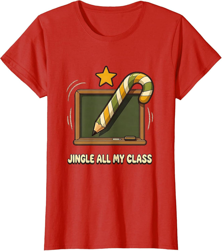 Women's Jingle All My Class Retro 70s Teacher Christmas Humor T-Shirt - Red
