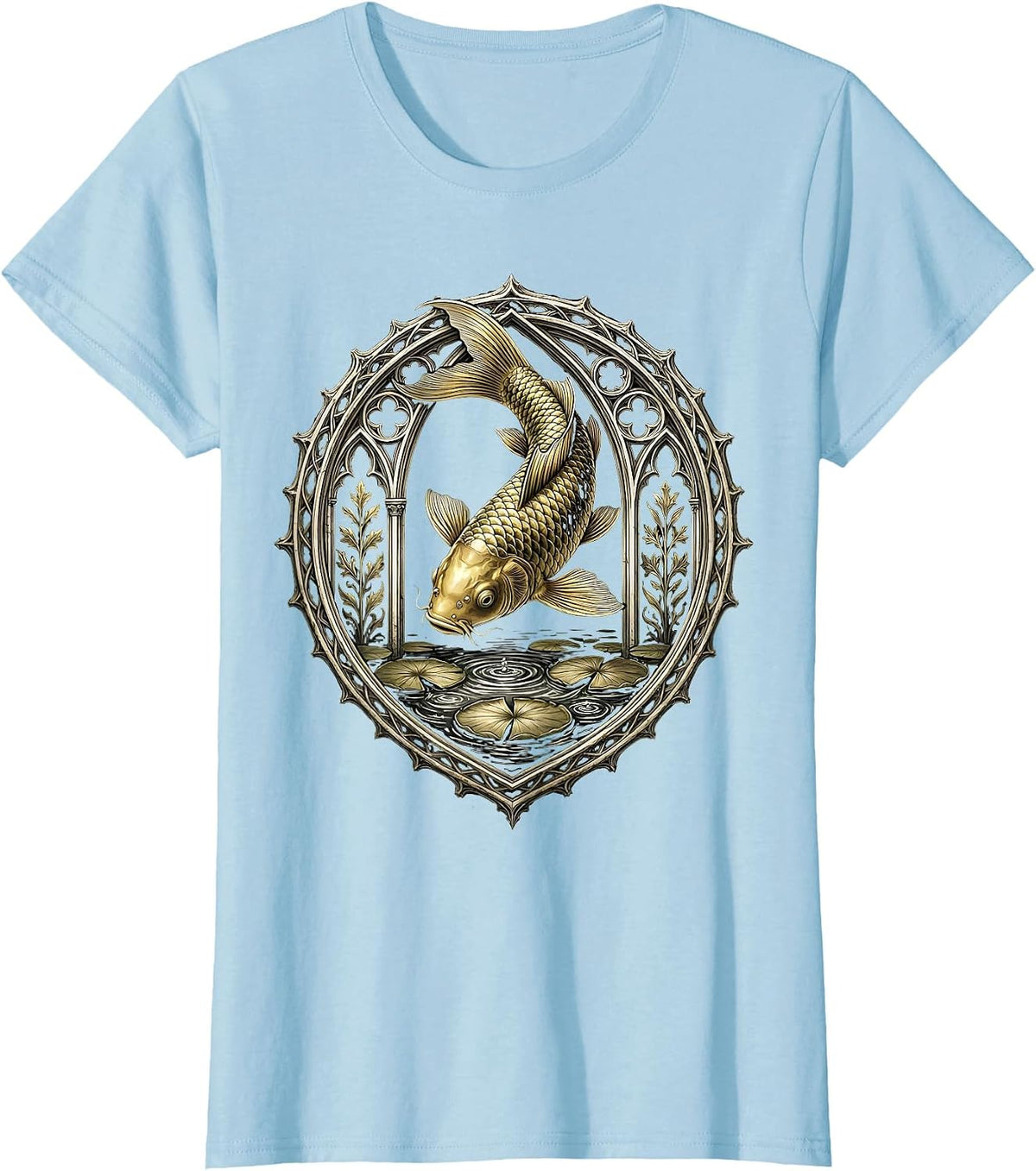 Women's Gold Koi Fish Leaping from Dark Water T-Shirt - Baby Blue