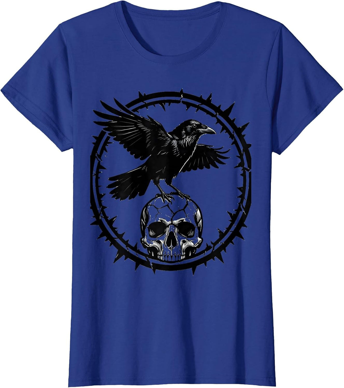 Women's Crow Perched on Skull Dark Gothic Horror Design T-Shirt - Royal Blue