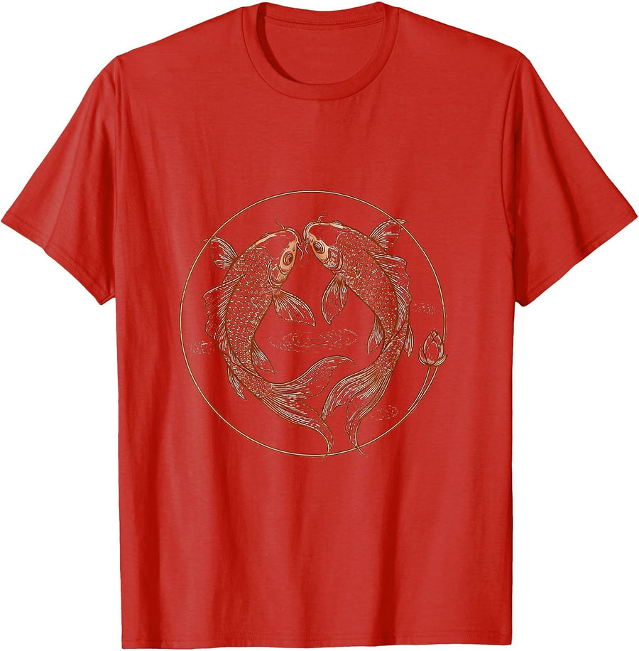Men's Koi Fish Swirling Pond Illustration T-Shirt - Red