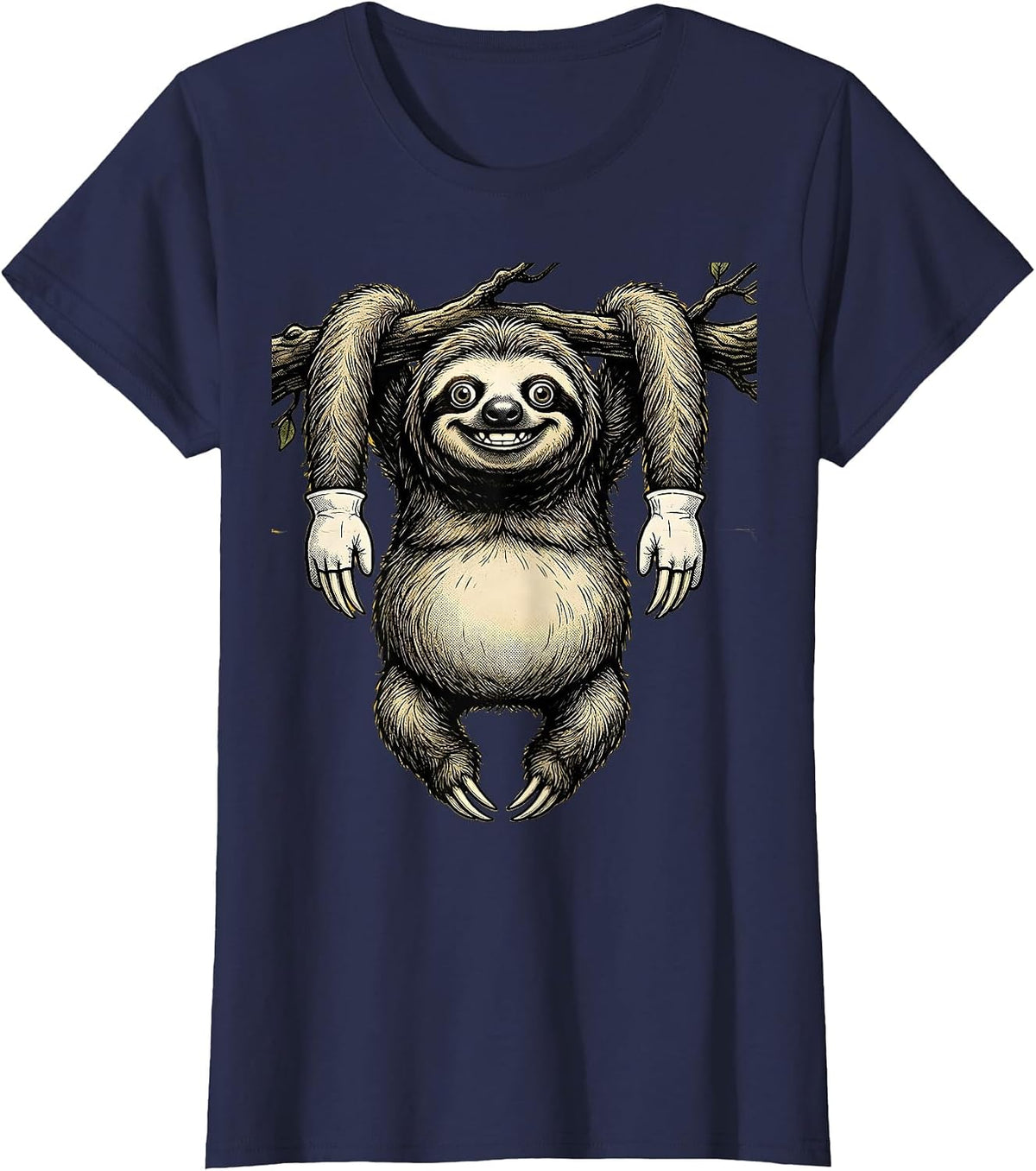 Women's Derpy Sloth Hanging Upside Down Funny Wildlife T-Shirt - Navy Blue