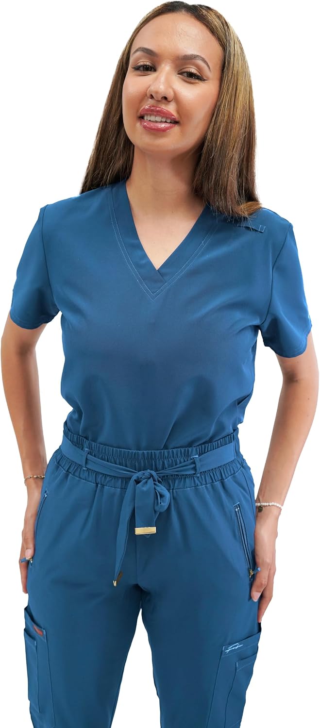 FUBU Women's 5-Pocket V-Neck Scrub Top Medical Nursing Uniform - Caribbean