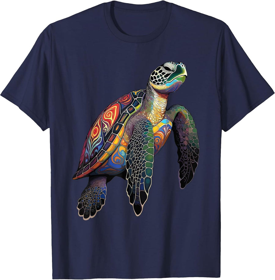 Sea Turtle Mandala Art Ocean Animal Graphic Scuba Diver T-Shirt - Navy Blue