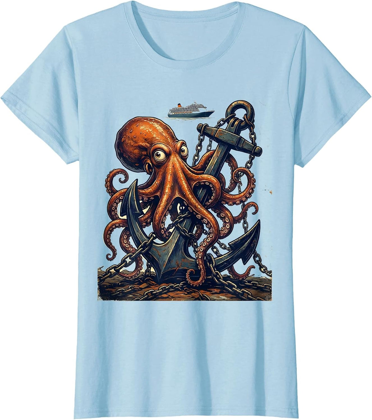 Funny Octopus Tangled in Cruise Ship Anchor T-Shirt - Baby Blue