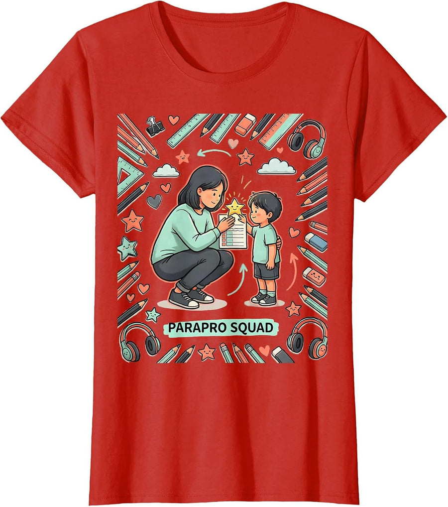 Women's Parapro Squad Kawaii Stationery Doodle Teacher Appreciation T-Shirt - Red