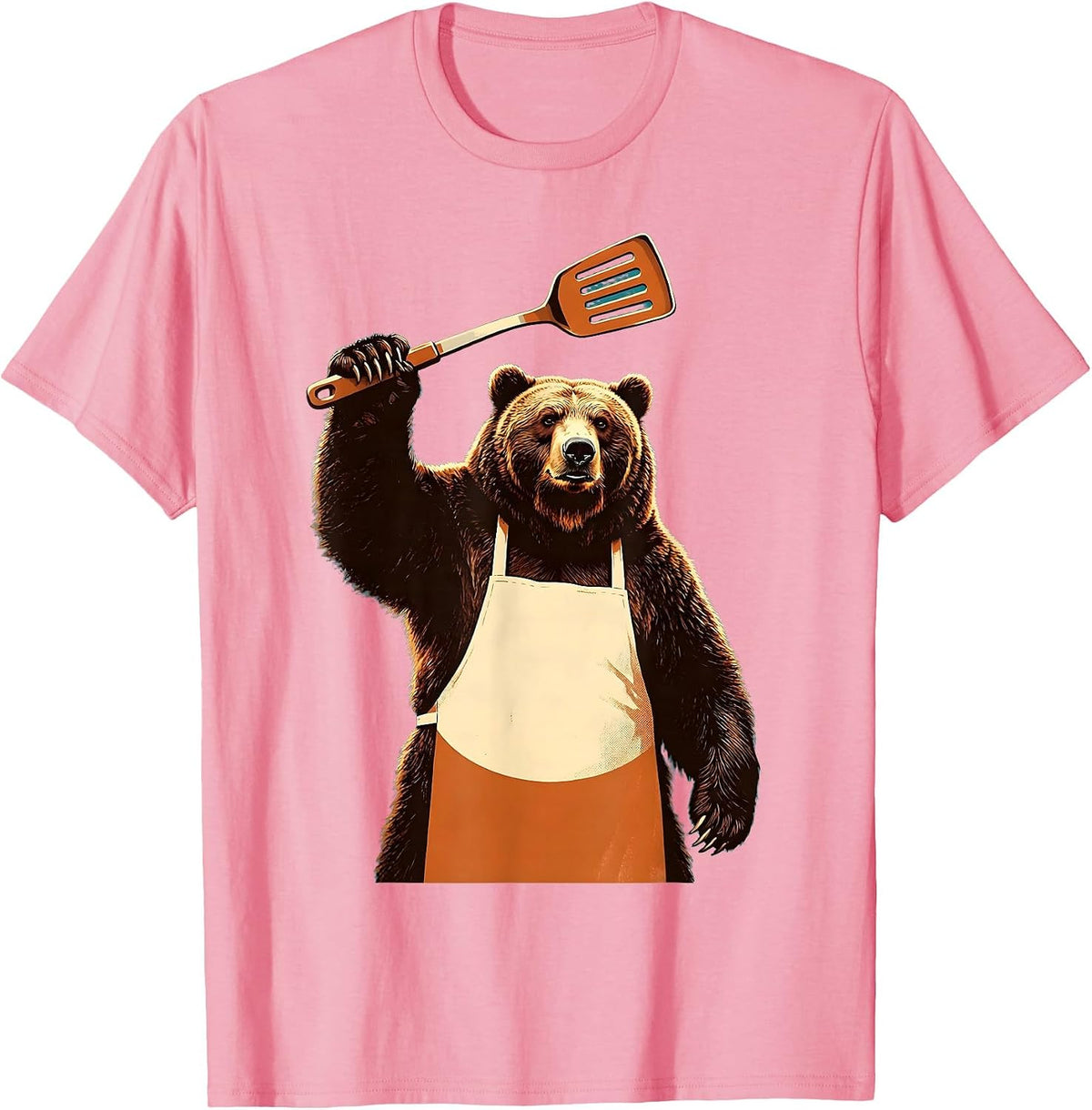Men's Bear Chef Apron Spatula Cooking Illustration T-Shirt - Pink
