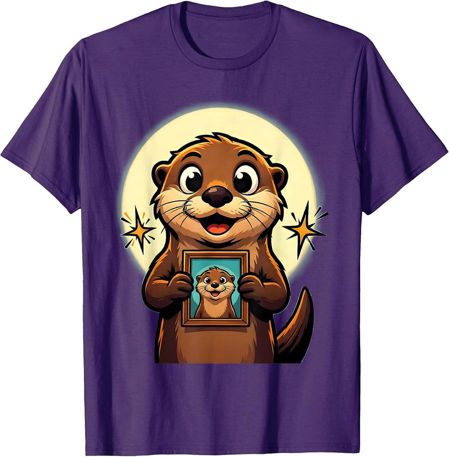 Men's Cheerful Cartoon Otter Portrait Holder Otter Lover Gift T-Shirt - Purple