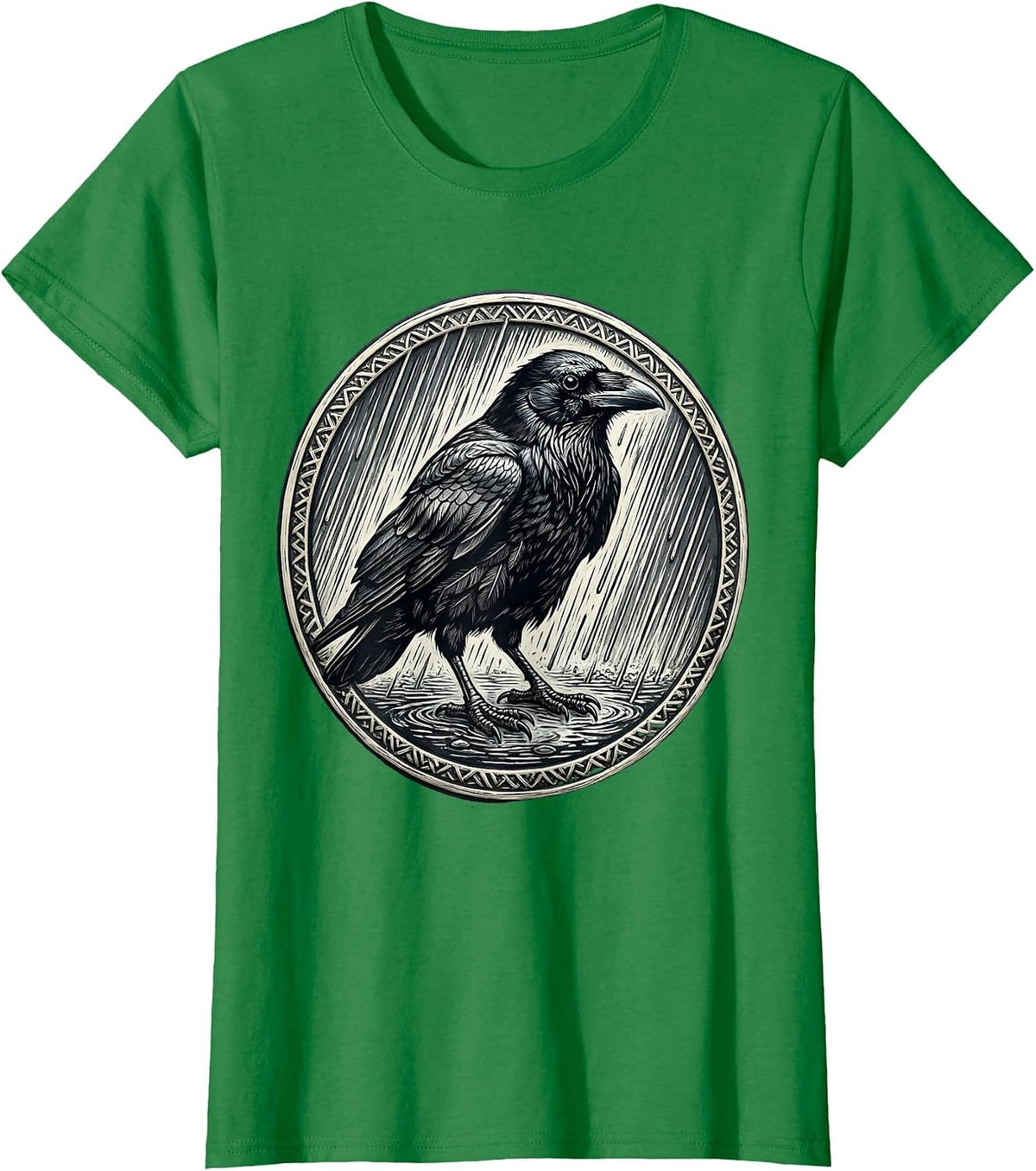 Crow in Heavy Rain Dark Moody Bird Illustration T-Shirt - Kelly Green