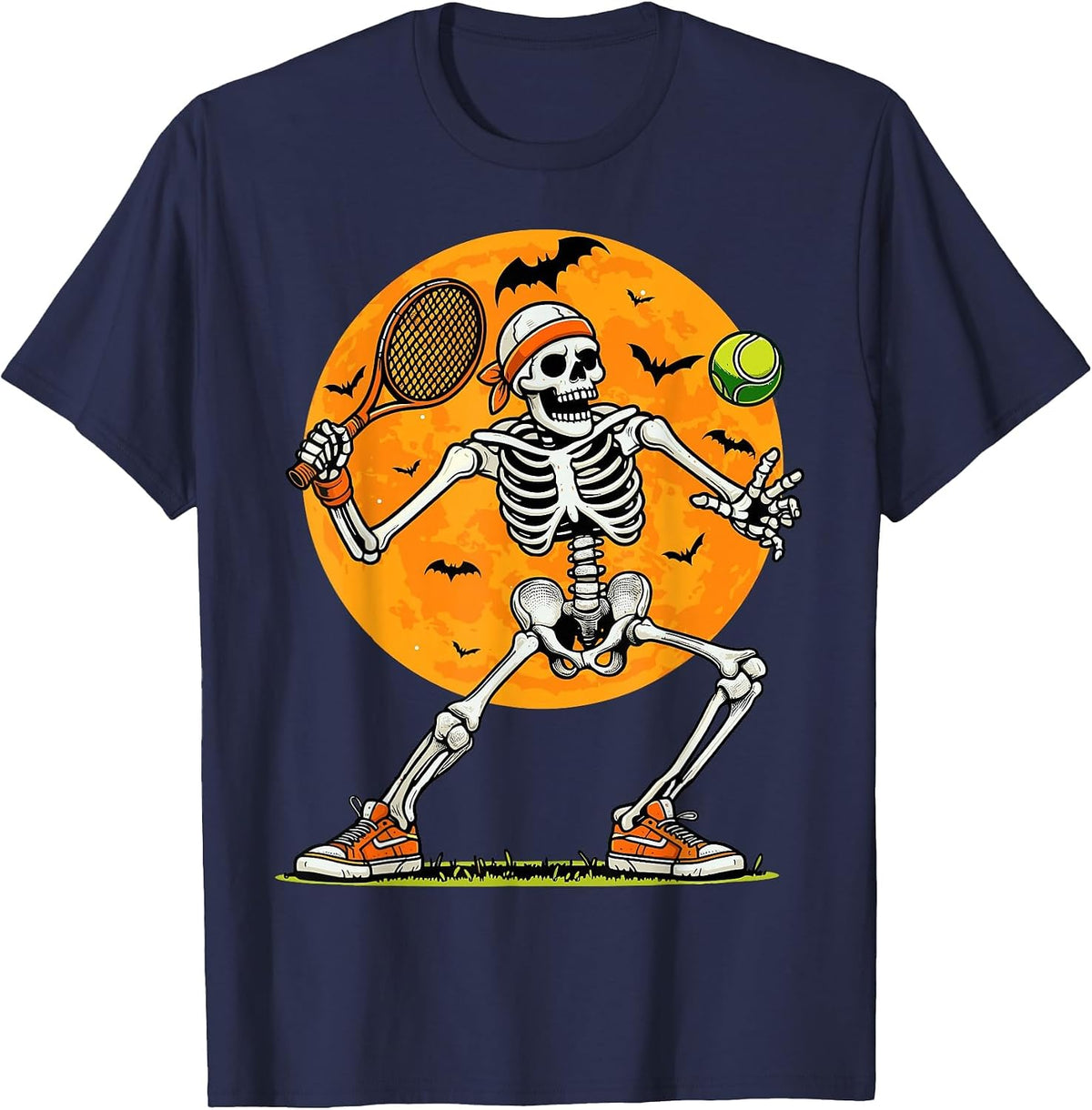 Tennis Skeleton Spooky Boys Funny Halloween Tennis Player T-Shirt - Navy Blue