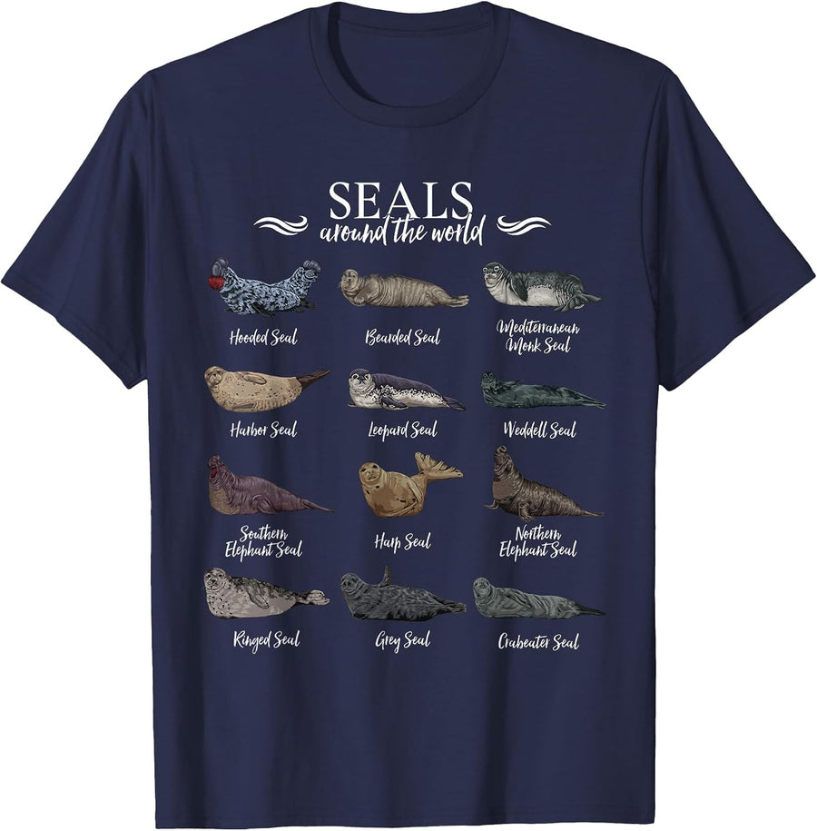 Seals Around World - Types of Seals T-Shirt - Navy Blue