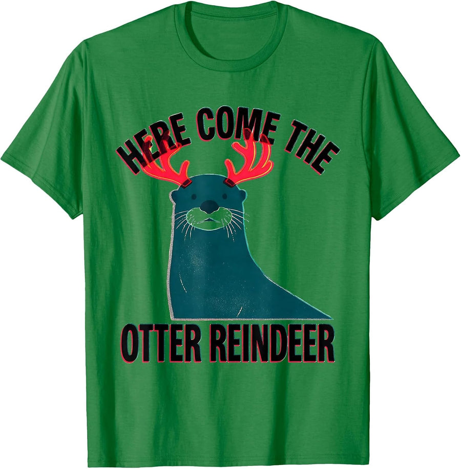 Men's Here Come The Otter Reindeer Funny Otter Lover Christmas T-Shirt - Kelly Green