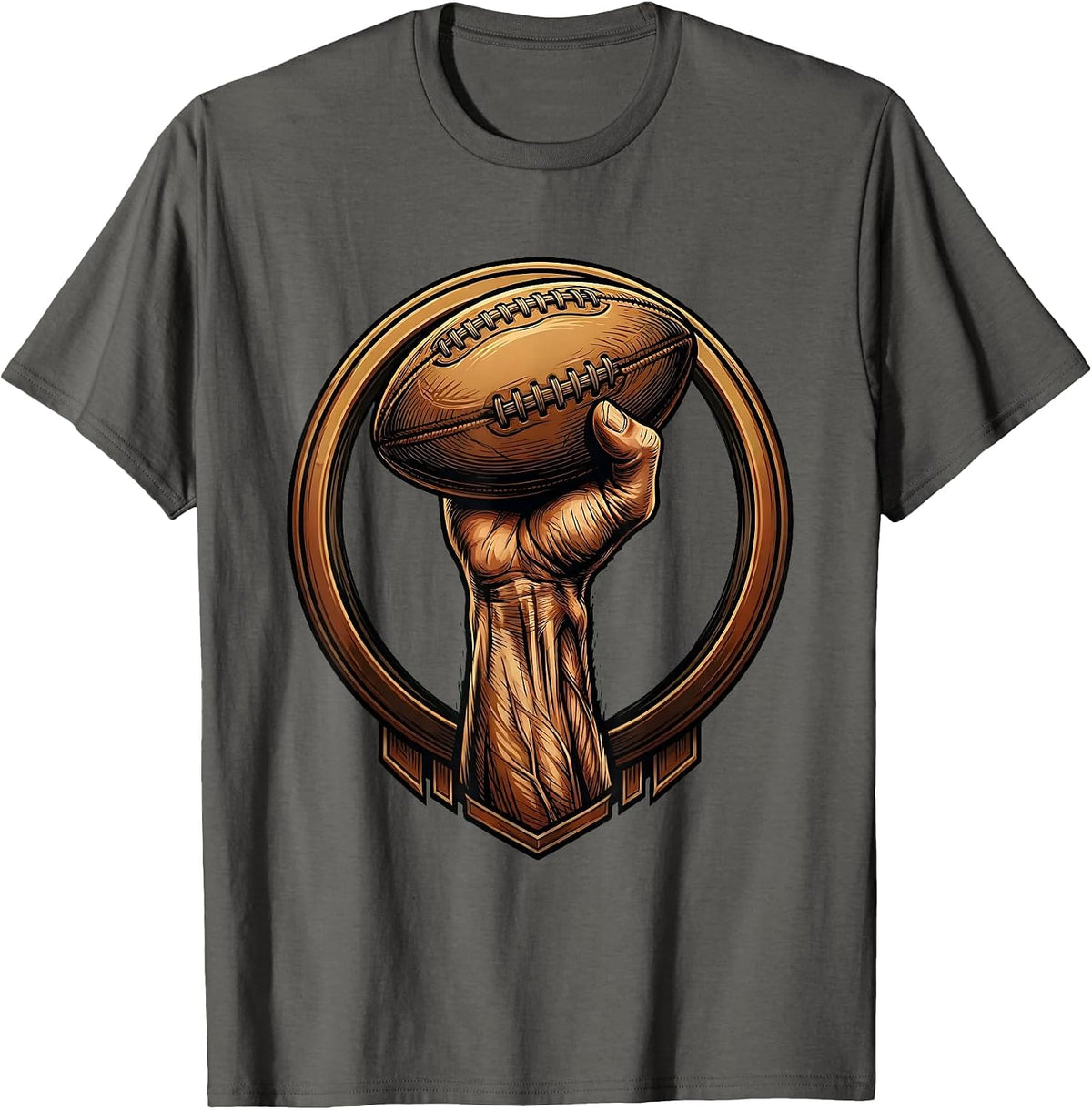 Muscular Arm Gripping Rugby Ball Graphic T-Shirt - Asphalt Grey