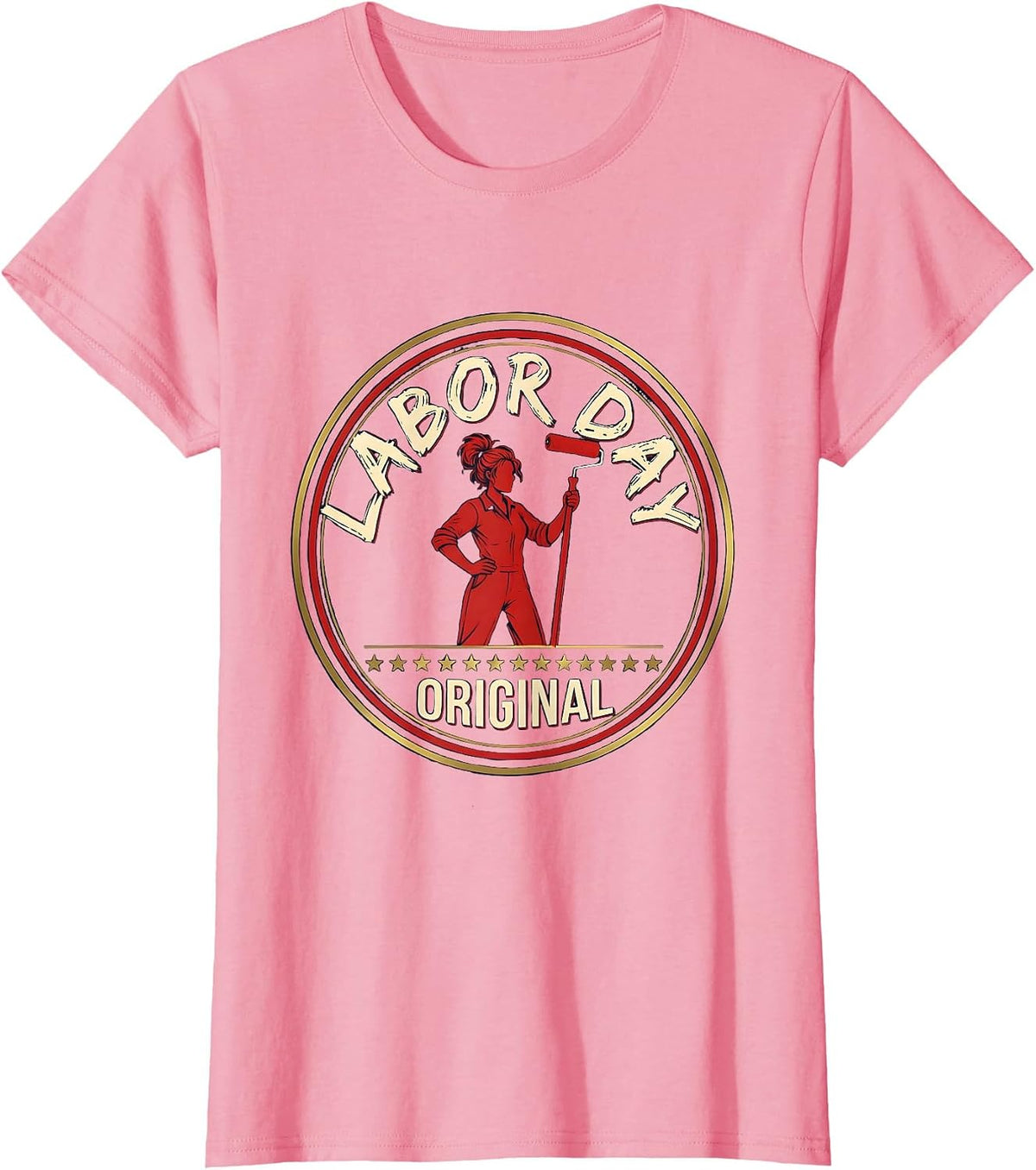 Women's Labor Day Original Patriotic Woman Messy Bun Holiday T-Shirt - Pink