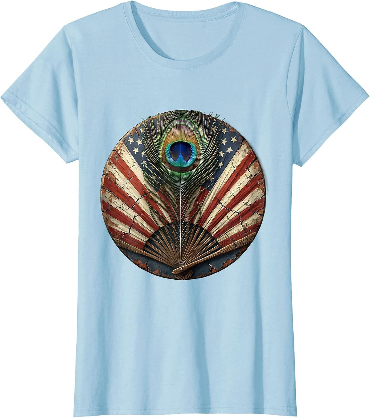 Women's Red White and Blue Peacock Feather Design T-Shirt - Baby Blue