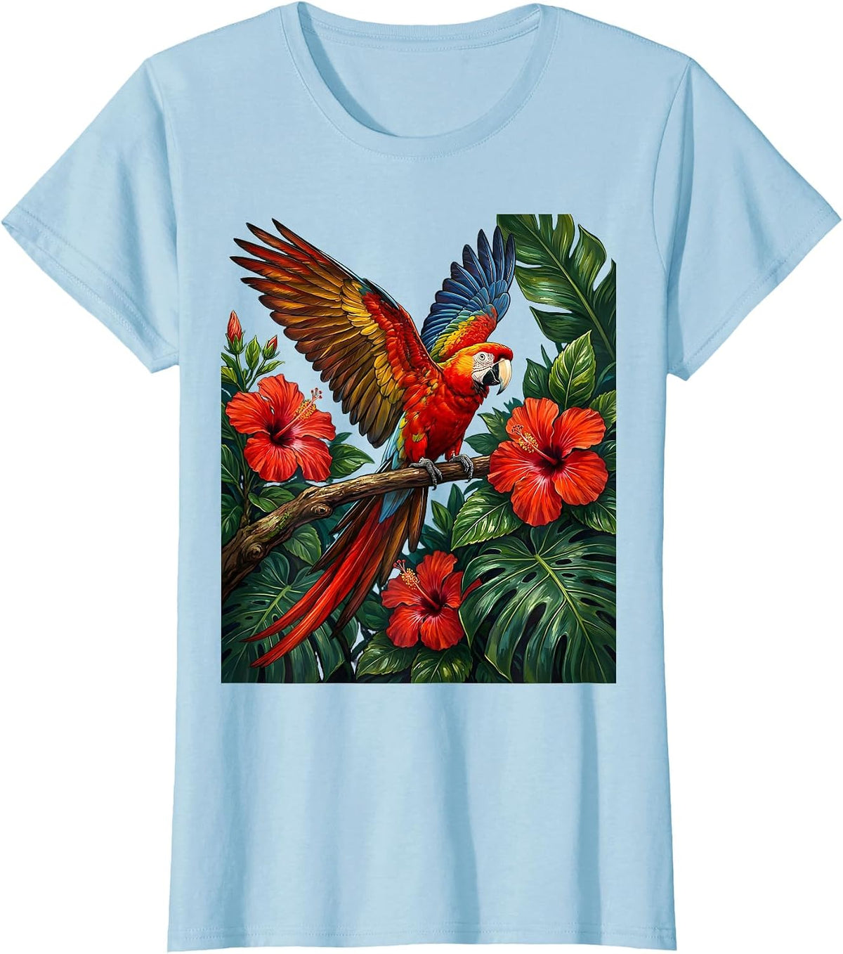 Women's Tropical Parrot Hibiscus Hawaiian Art Design T-Shirt - Baby Blue