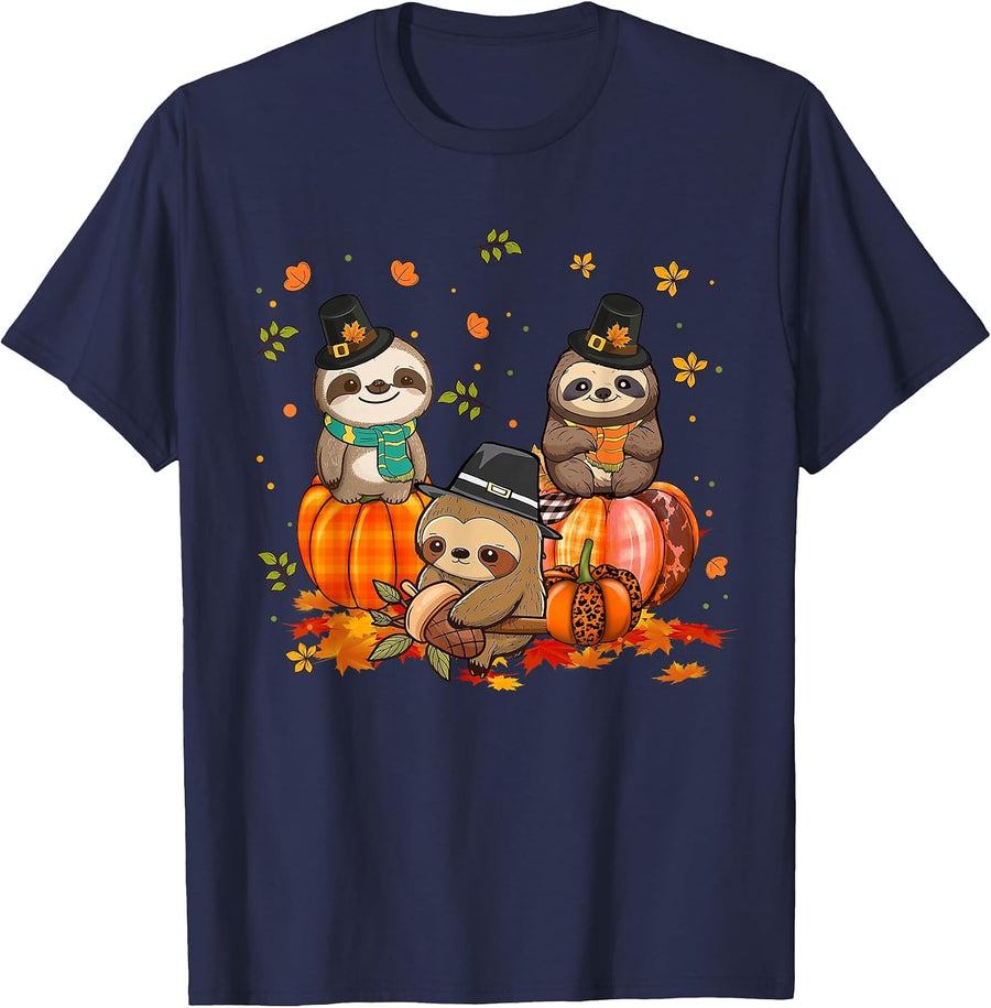 Sloth Pumpkin Leopard Buffalo Plaid Fall Thanksgiving T-Shirt - Navy Blue