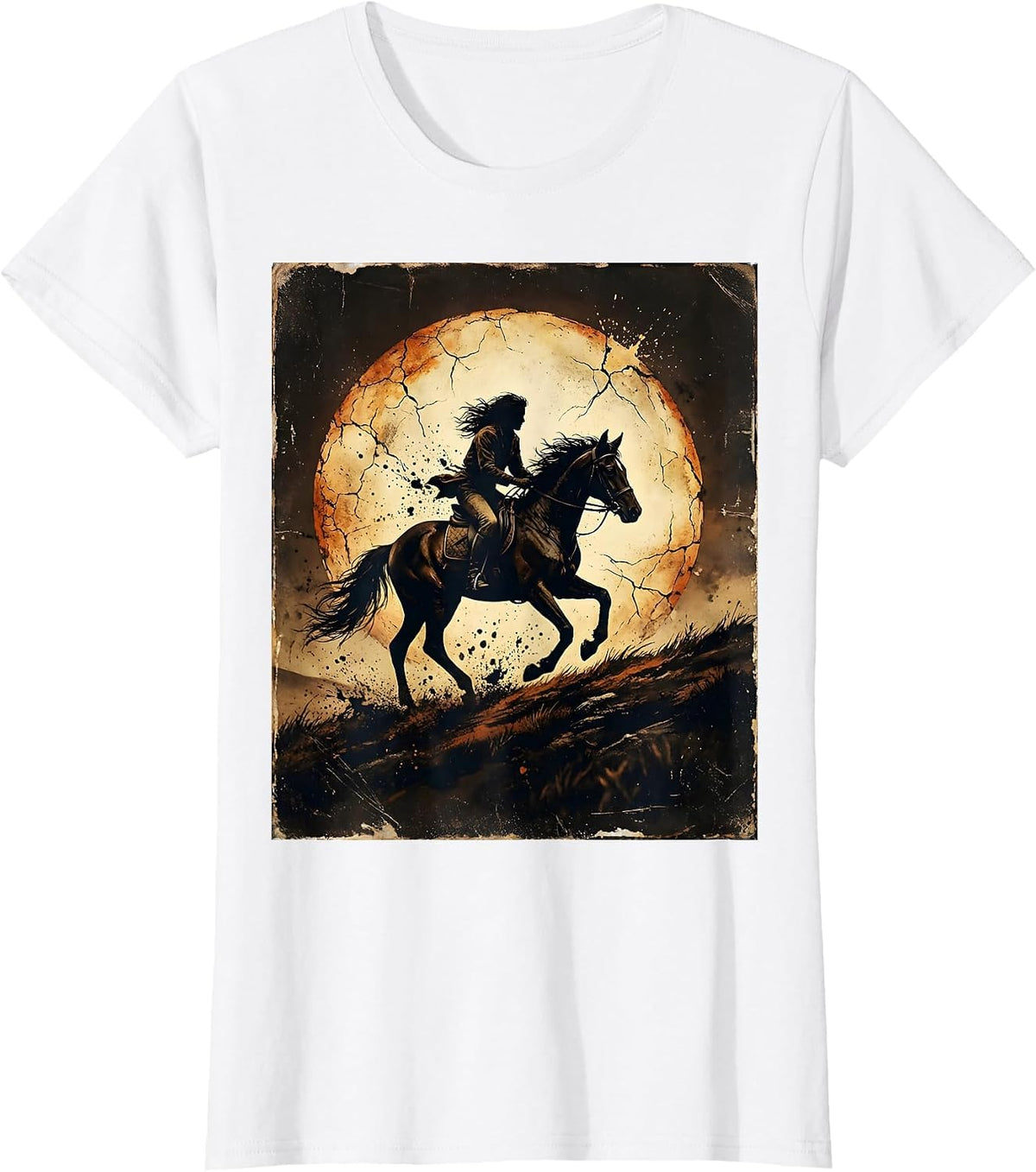 Equestrian Rider Silhouette Sunset Hillside Graphic T-Shirt - White