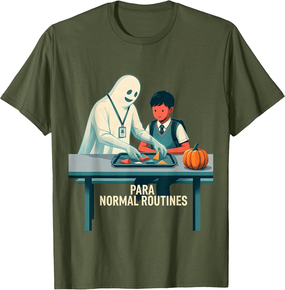 Men's Para Normal Routines Funny Ghost Paraprofessional Halloween T-Shirt - Olive Green