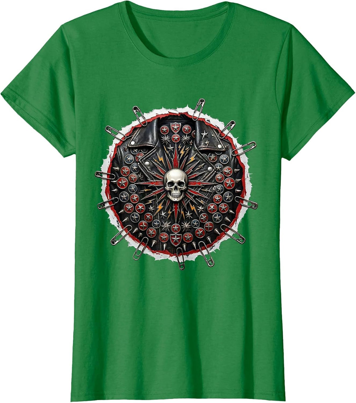 Women's 80s Metal Band Pins Leather Jacket Graphic T-Shirt - Kelly Green