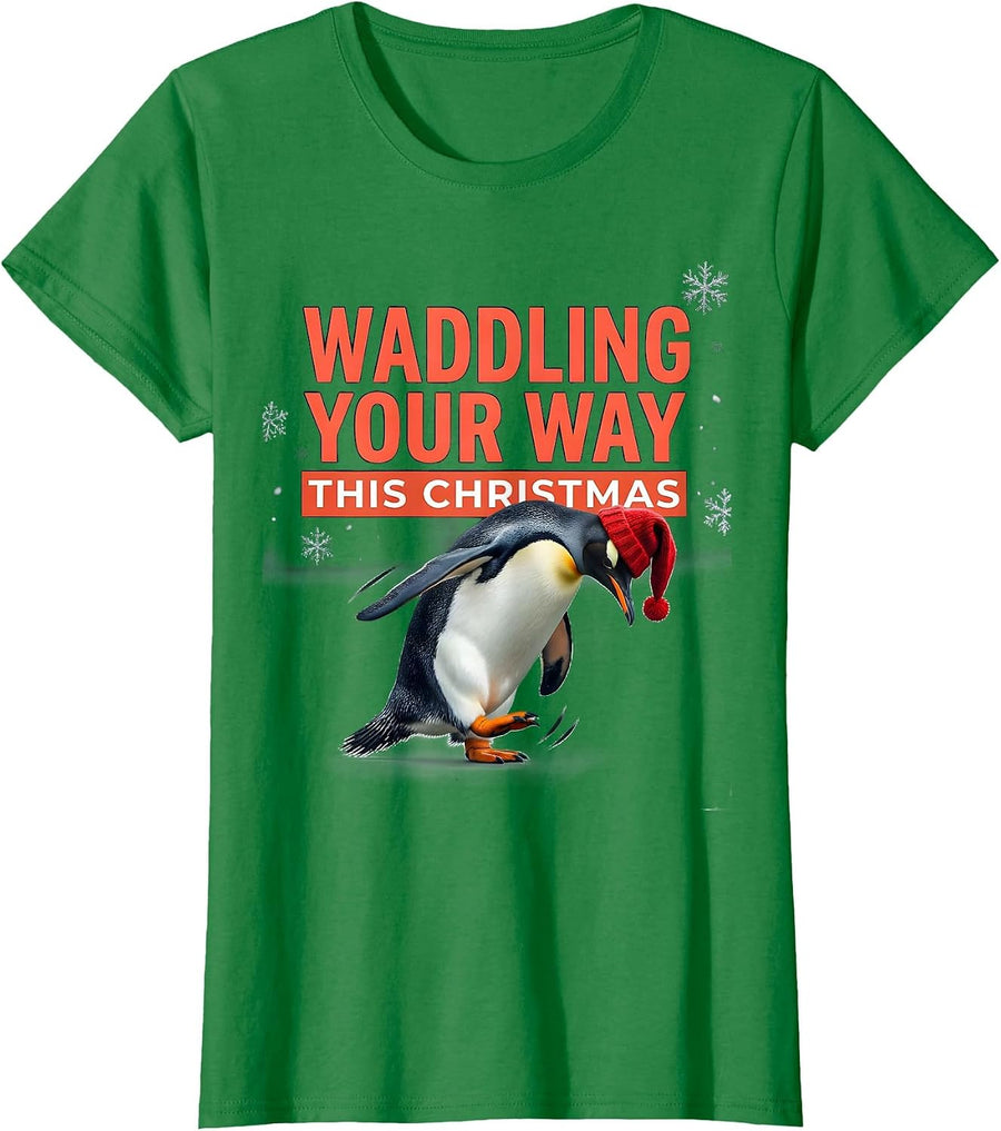 Women's Waddling Your Way This Christmas Funny Penguin Lover T-Shirt - Kelly Green