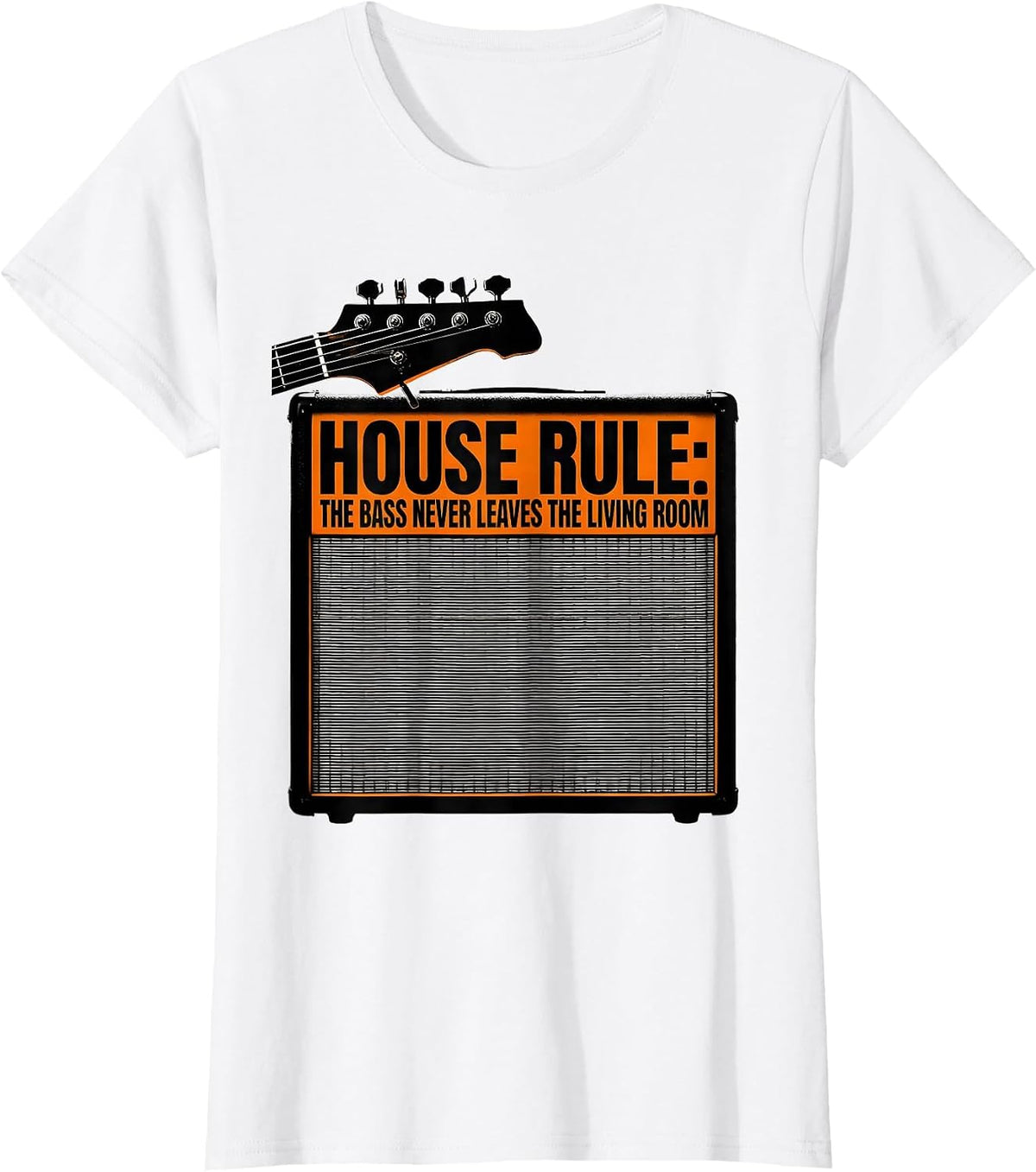 Women's House Rule: The Bass Never Leaves The Living Room Funny T-Shirt - White