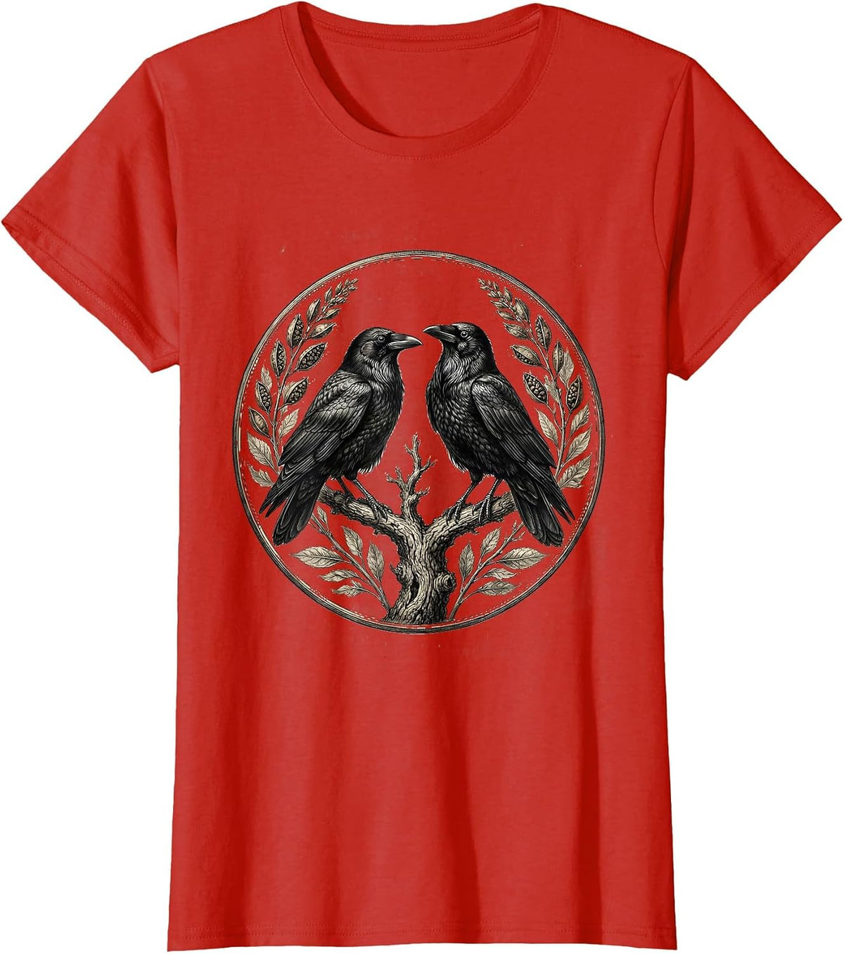 Two Crows on a Branch Face-to-Face Design T-Shirt - Red