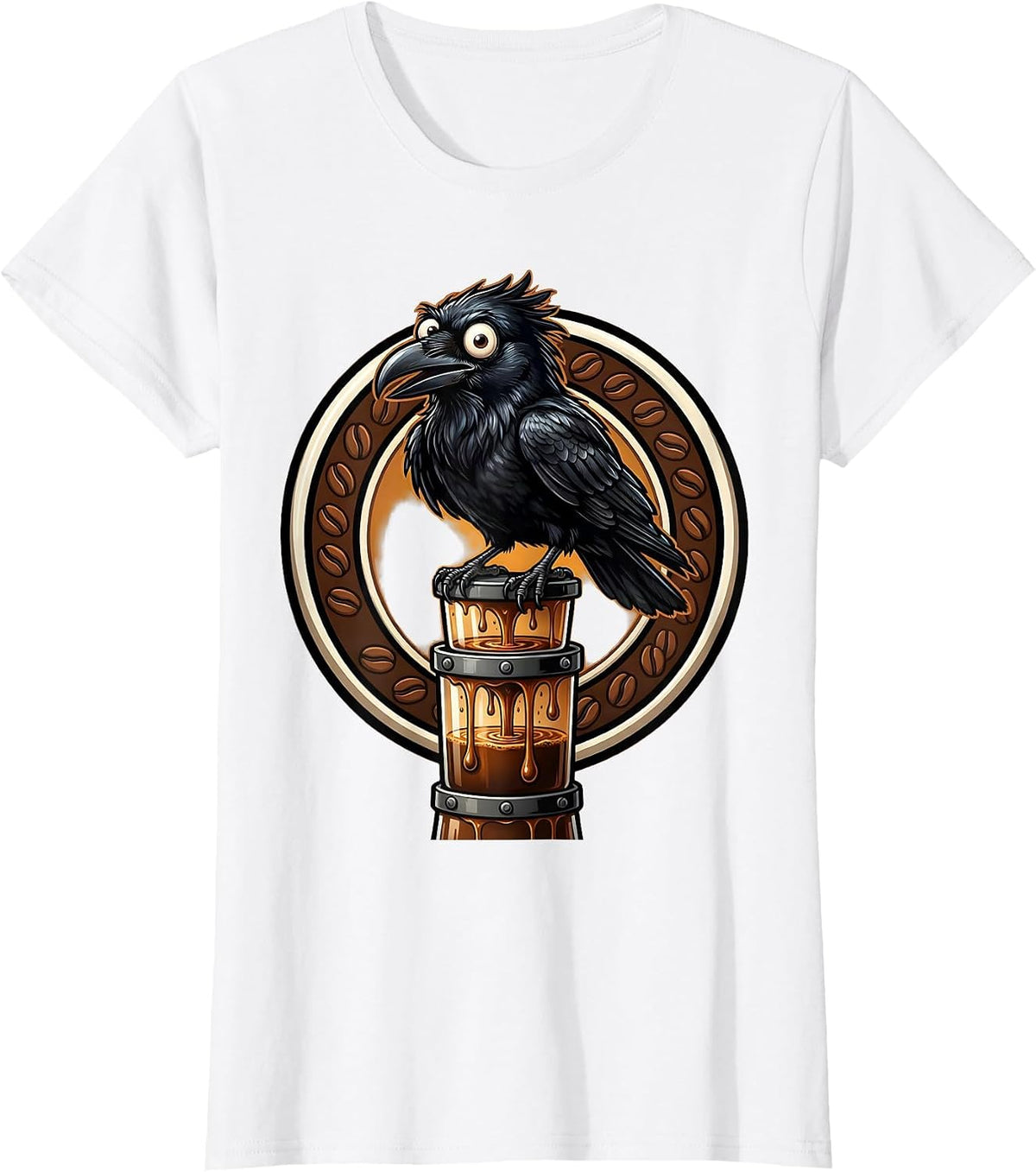 Crow Perched on Drip Coffee Tower Illustration T-Shirt - White
