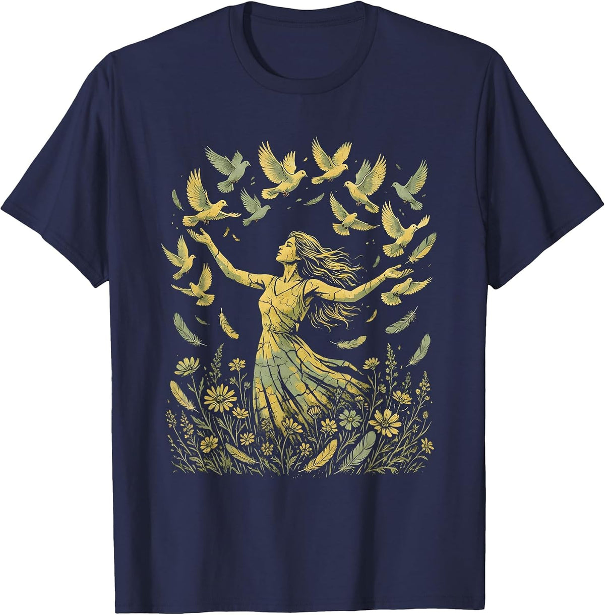 Men's Hippie Free Spirit Birds Released Open Hands T-Shirt - Navy Blue