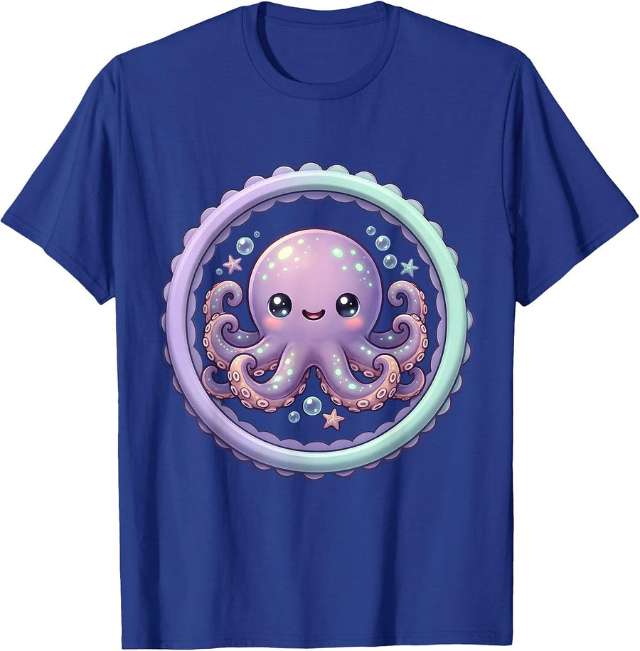 Glowing Bioluminescent Octopus Midnight Ocean Art T-Shirt - Royal Blue