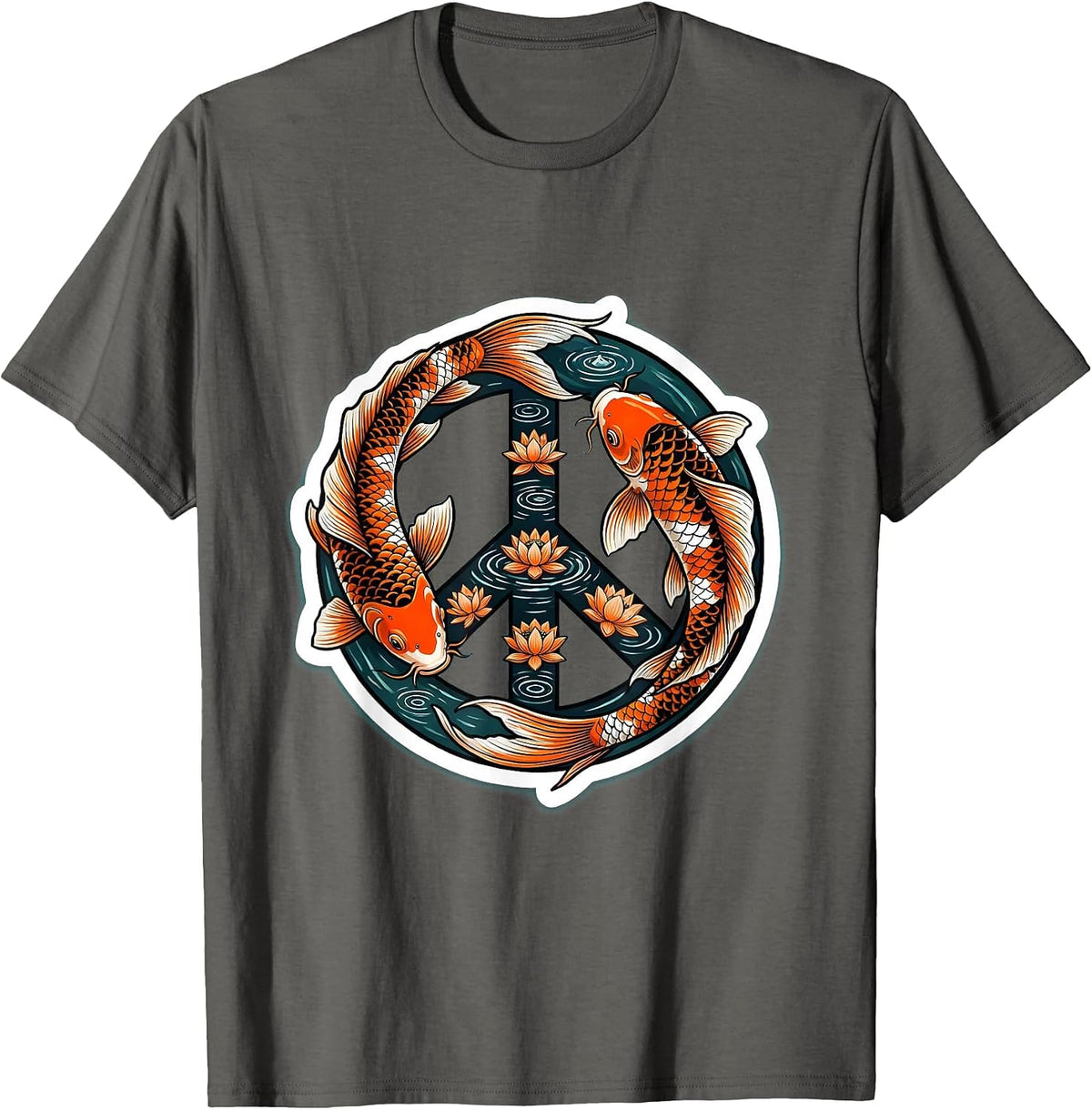 Koi Fish Peace Sign Zen Circle Illustration T-Shirt - Asphalt Grey