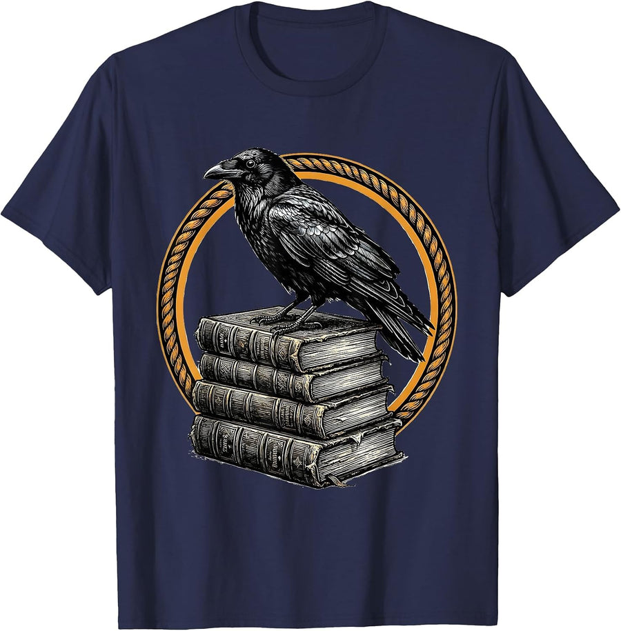 Crow Perched on Stack of Old Books T-Shirt - Navy Blue