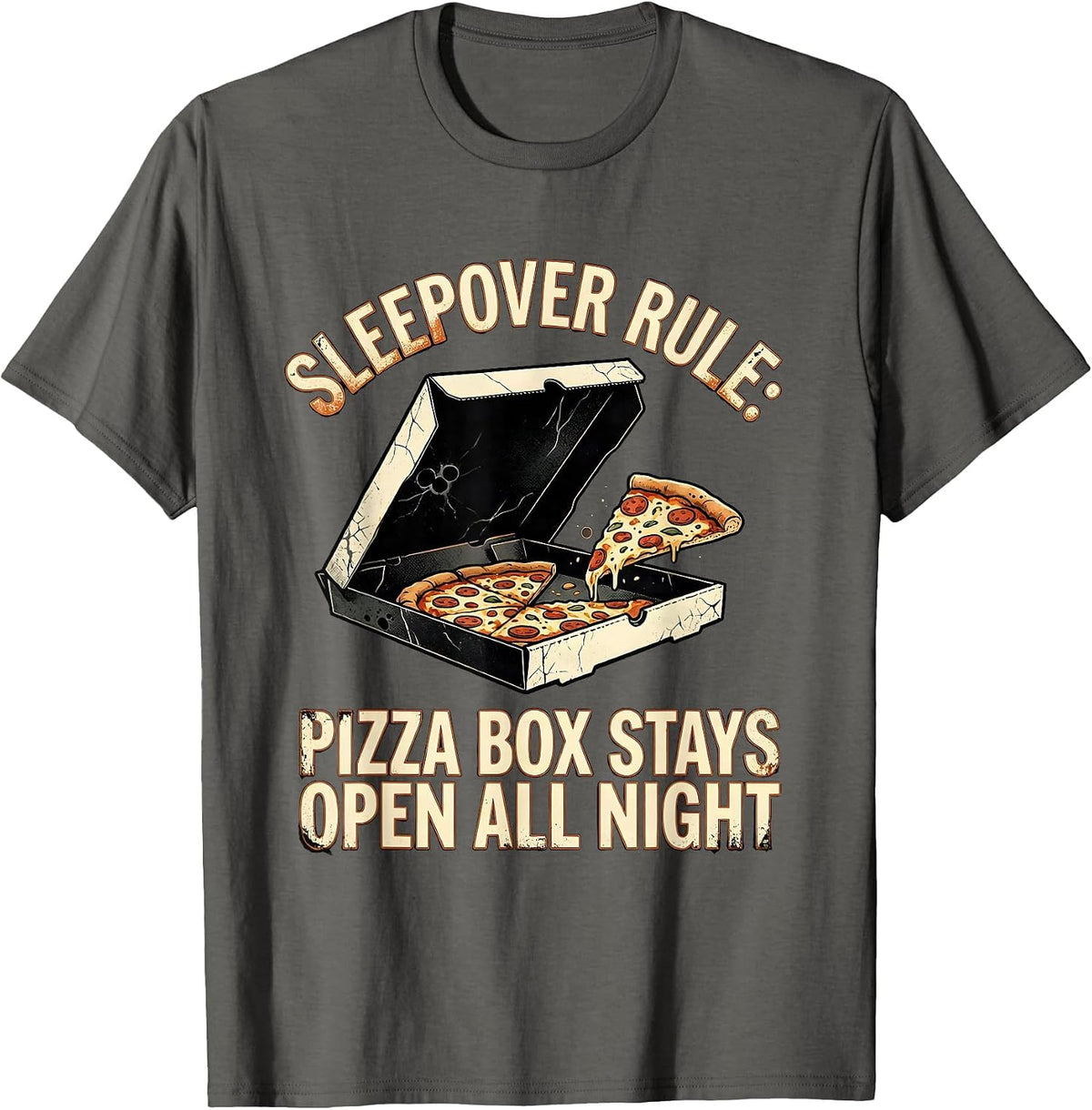 Men's Sleepover Rule Pizza Box Stays Open All Night Funny T-Shirt - Asphalt Grey
