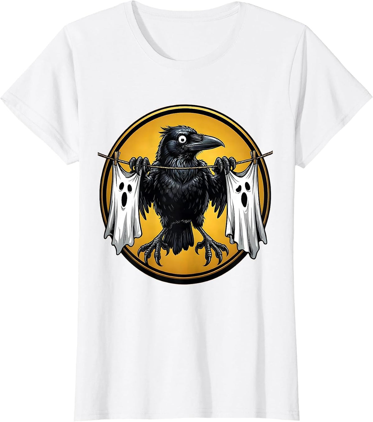 Crow on a Clothesline Halloween Graphic T-Shirt - White