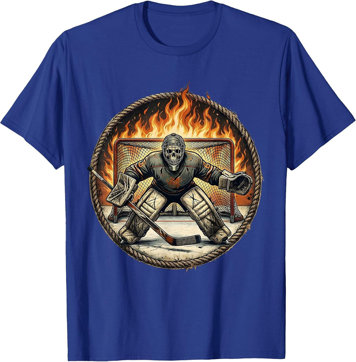 Skeleton Goalie Flaming Net Hockey Graphic T-Shirt - Royal Blue