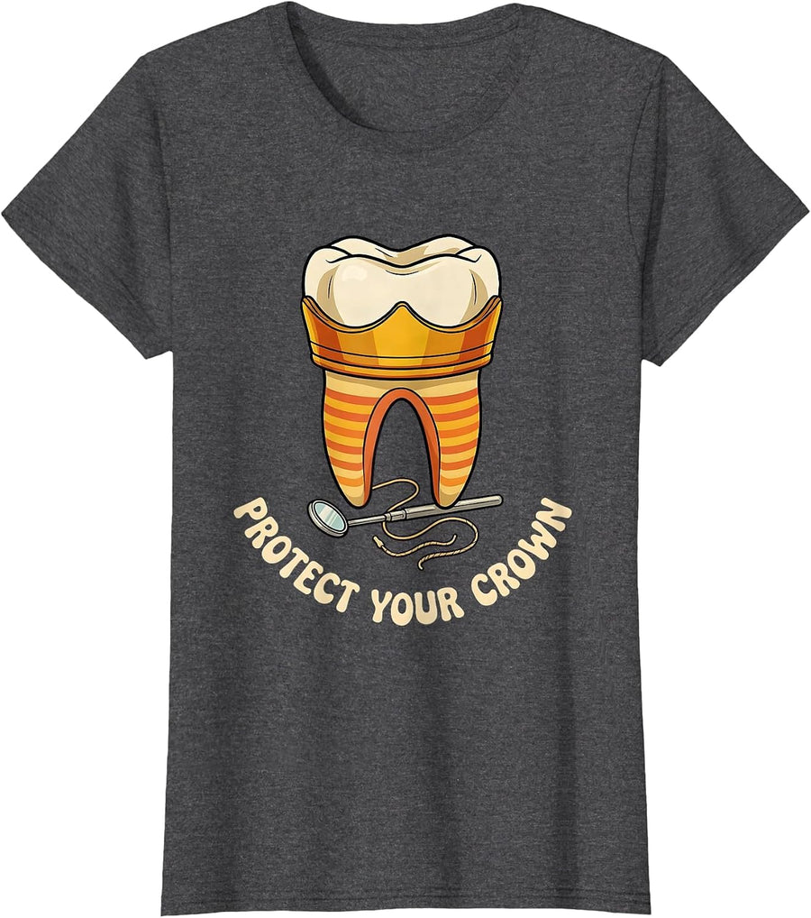 Women's Protect Your Crown Retro 70s Funny Dental Hygienist Humor T-Shirt - Dark Heather Grey