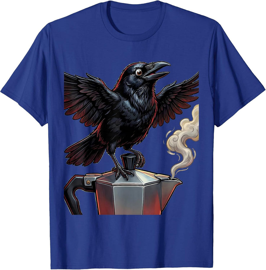 Crow Perched on Moka Pot Coffee Illustration T-Shirt - Royal Blue