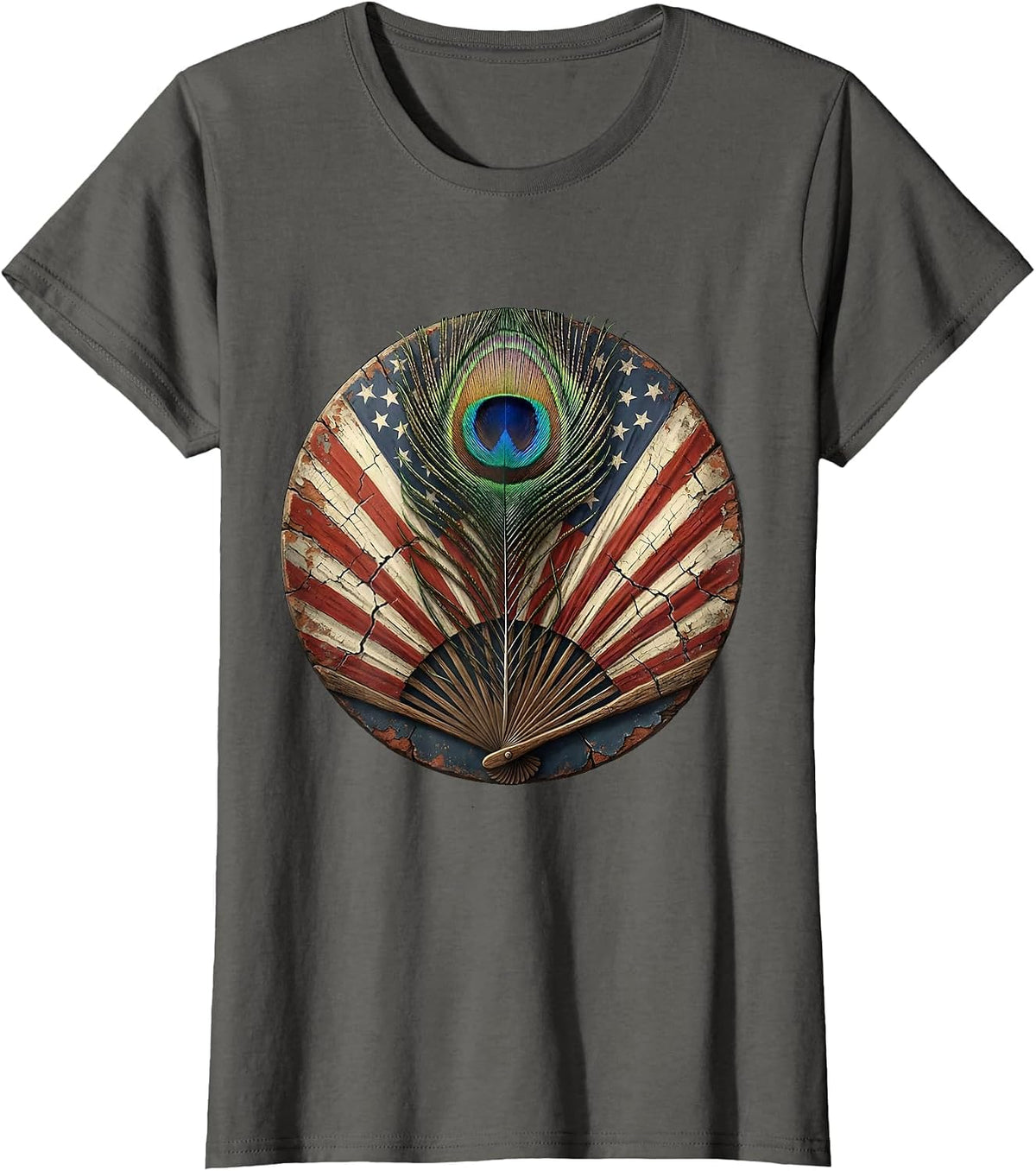 Women's Red White and Blue Peacock Feather Design T-Shirt - Asphalt Grey