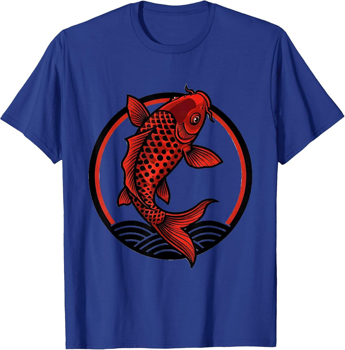 Red Koi Fish Leaping From Water Polka Dot Art T-Shirt - Royal Blue