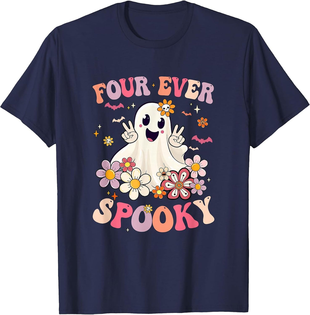 Four Ever Spooky Halloween 4Th Birthday Party Decorations T-Shirt - Navy Blue