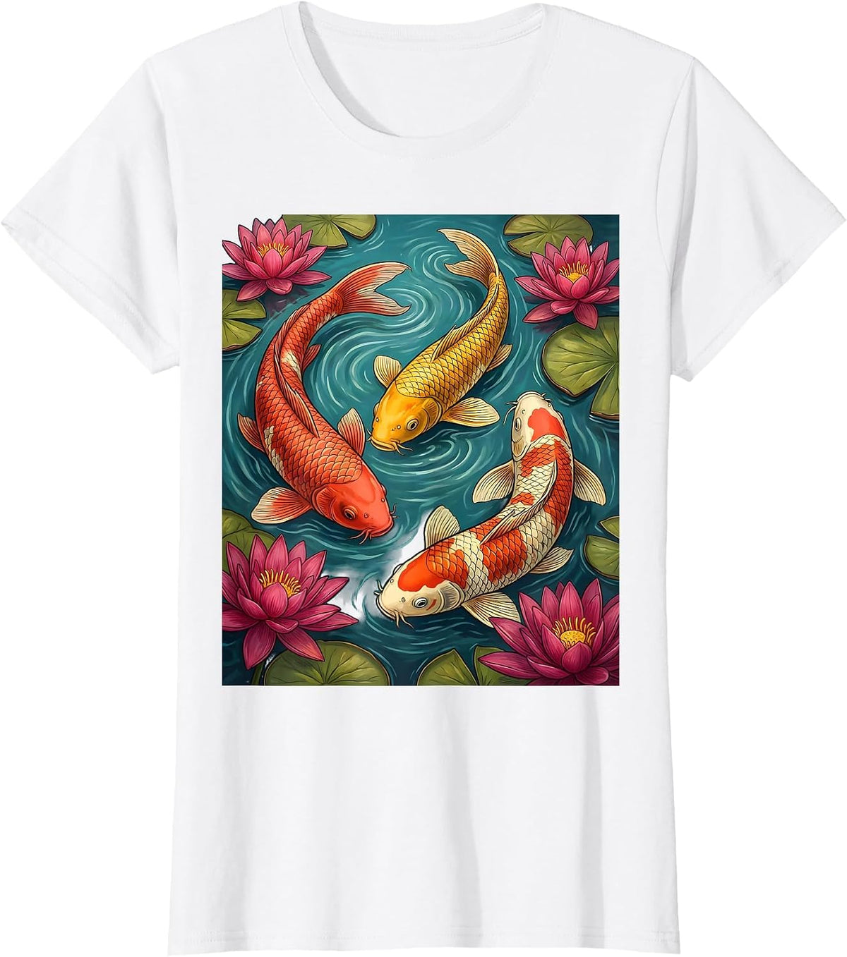 Colorful Koi Fish Lily Pond Hawaiian Design T-Shirt - White