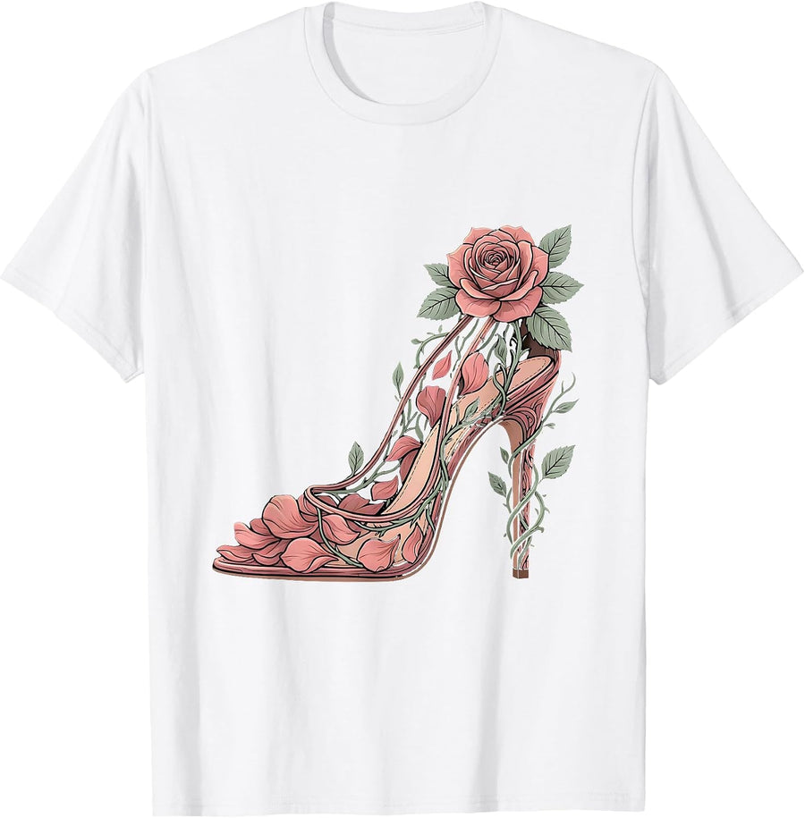 Men's Gigi High Heel Shoe Blooming Roses Floral Art T-Shirt - White