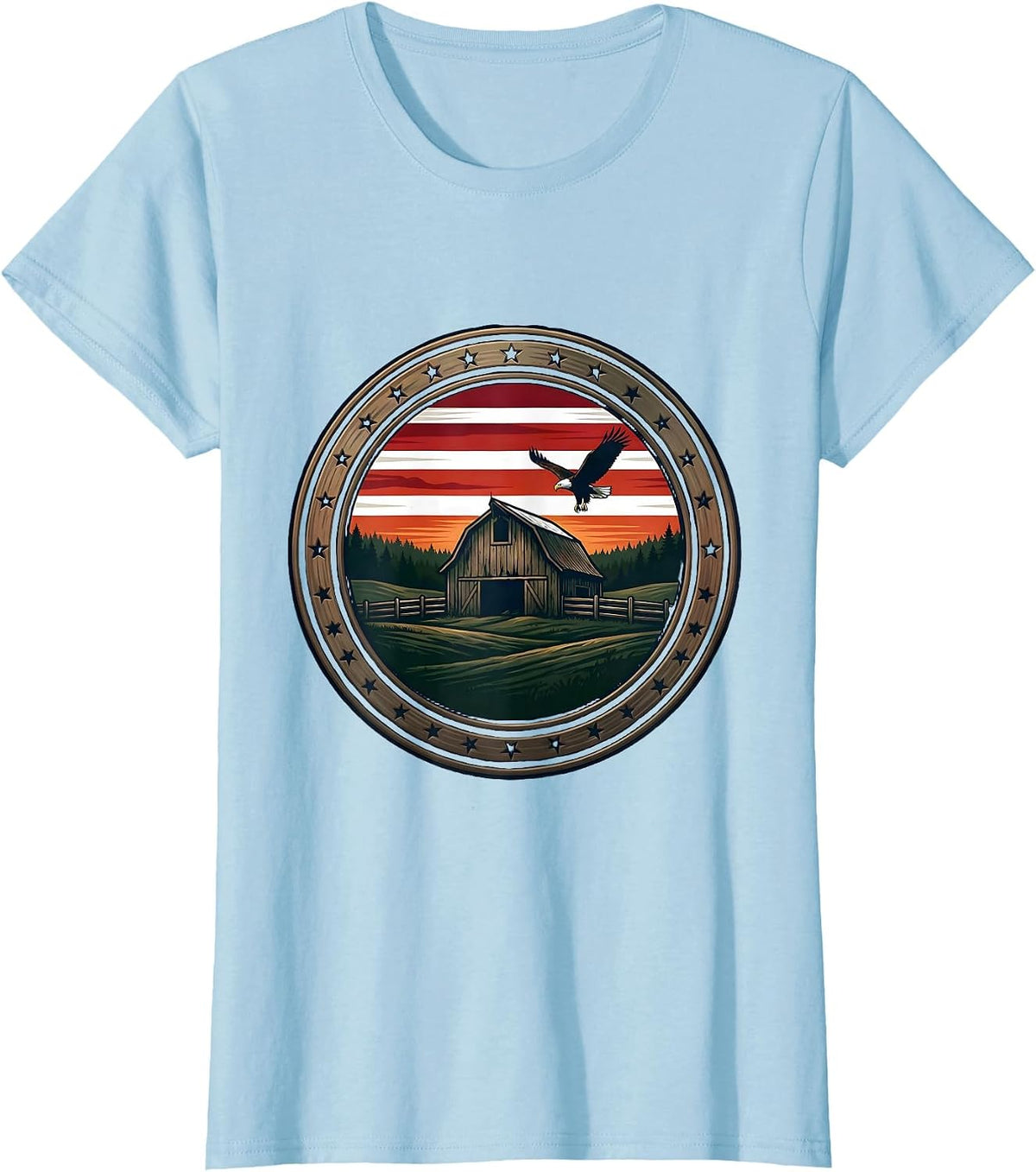 Weathered Barn Rolling Farmland American Country Art T-Shirt - Baby Blue